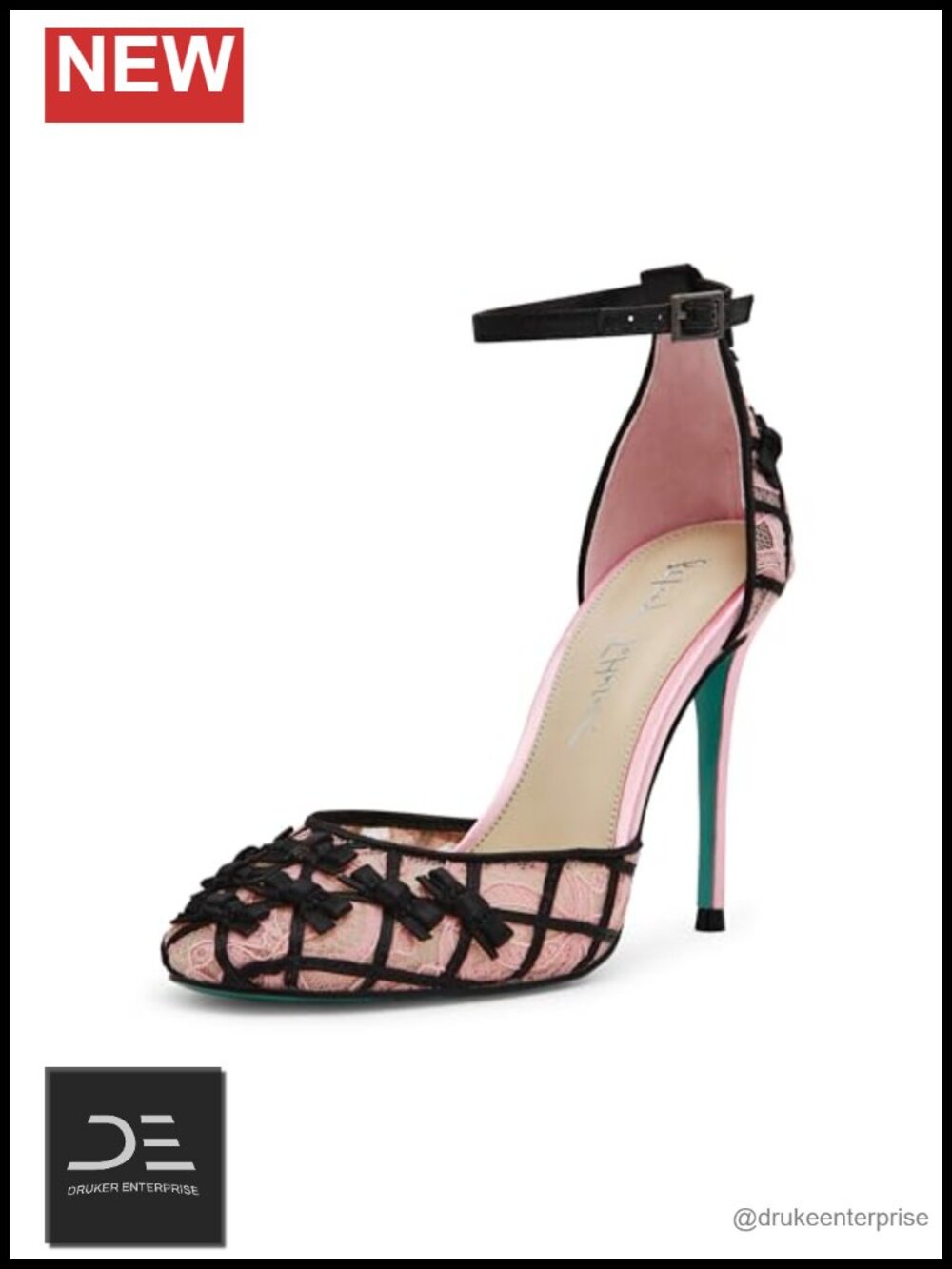 Pink Black Stiletto Heel Pump Round Toe Ankle Strap Buckle
